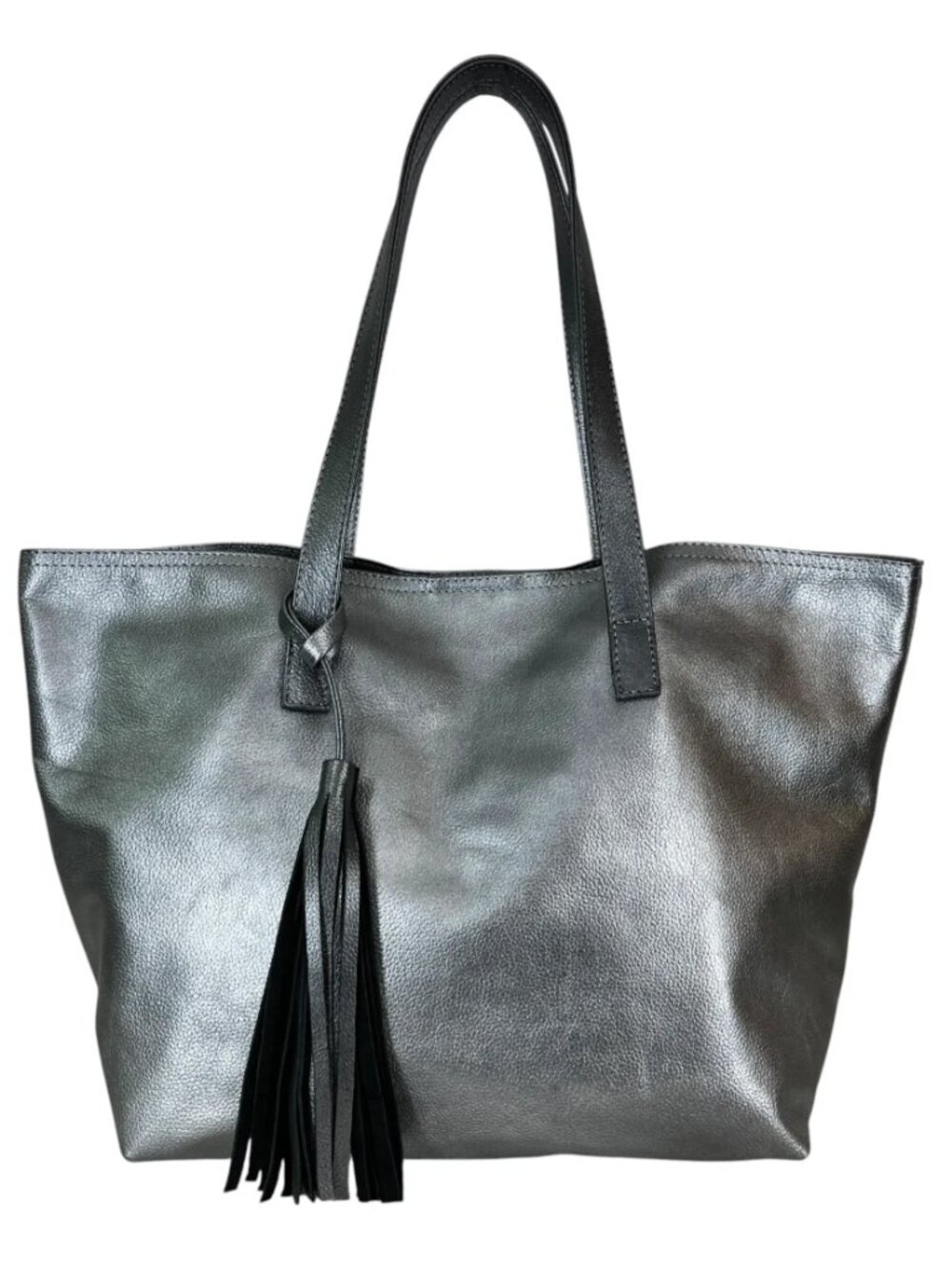 Genuine Leather Metallic Gray Tote Bag Made in Mexico